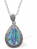 Natural Paua Shell Celtic Framed Teardrop Necklace Hypoallergenic: Rhodium Plated, Nickel, Lead and Cadmium Free Greeny Blue in colour 30mm in size, 18" Rhodium Plated Chain Delivered in a soft, black, velveteen pouch