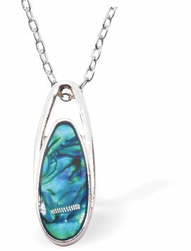Natural Paua Shell Droplet Necklace Hypoallergenic: Rhodium Plated, Nickel, Lead and Cadmium Free Greeny Blue in colour 30mm in size, 18" Rhodium Plated Chain See matching earrings P529 Delivered in a soft, black, velveteen pouch