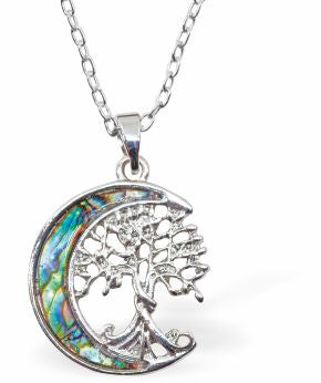 Natural Paua Shell Tree of Life in the Moon Necklace Hypoallergenic: Rhodium Plated, Nickel, Lead and Cadmium Free Greeny Blue in colour 20mm in size, 18" Rhodium Plated Chain See matching earrings P530 Delivered in a soft, black, velveteen pouch