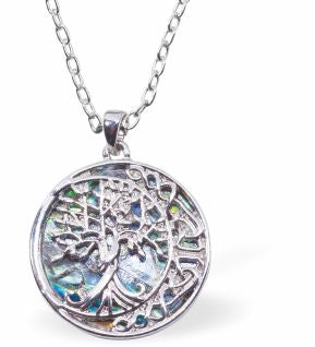 Natural Paua Shell Tree of Life with Crescent Moon Necklace Hypoallergenic: Rhodium Plated, Nickel, Lead and Cadmium Free Greeny Blue in colour 25mm in size, 18" Rhodium Plated Chain See matching earrings P531 Delivered in a soft, black, velveteen pouch