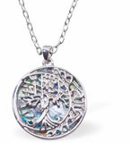 Paua Shell Tree of Life with Crescent Moon Necklace, Rhodium Plated
