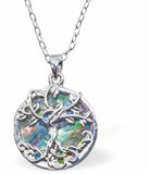 Natural Paua Shell Twisted Tree of Life Necklace Hypoallergenic: Rhodium Plated, Nickel, Lead and Cadmium Free Greeny Blue in colour 20mm in size, 18" Rhodium Plated Chain See matching earrings P532 Delivered in a soft, black, velveteen pouch
