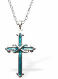 Natural Paua Shell Cross Necklace Hypoallergenic: Rhodium Plated, Nickel, Lead and Cadmium Free Greeny Blue in colour 30mm in size, 18" Rhodium Plated Chain Delivered in a soft, black, velveteen pouch