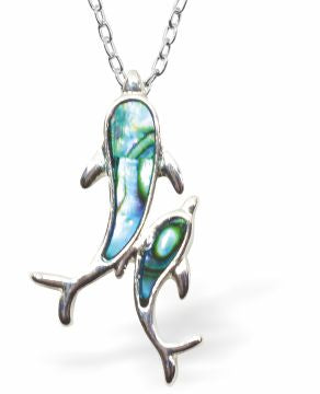 Natural Paua Shell Dolphins Necklace Hypoallergenic: Rhodium Plated, Nickel, Lead and Cadmium Free Greeny Blue in colour 25mm in size, 18" Rhodium Plated Chain Delivered in a soft, black, velveteen pouch