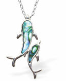 Natural Paua Shell Dolphins Necklace Hypoallergenic: Rhodium Plated, Nickel, Lead and Cadmium Free Greeny Blue in colour 25mm in size, 18" Rhodium Plated Chain Delivered in a soft, black, velveteen pouch