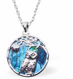 Natural Paua Shell Night Owl Necklace Hypoallergenic: Rhodium Plated, Nickel, Lead and Cadmium Free Greeny Blue in colour 25mm in size, 18" Rhodium Plated Chain Delivered in a soft, black, velveteen pouch