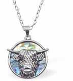 Paua Shell Long Horn Highland Cow Necklace, Rhodium Plated