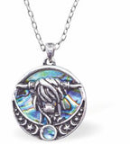 Natural Paua Shell Kyloe Highland Cow Necklace Hypoallergenic: Rhodium Plated, Nickel, Lead and Cadmium Free Greeny Blue in colour 22mm in size, 18" Rhodium Plated Chain See matching earrings P539 Delivered in a soft, black, velveteen pouch