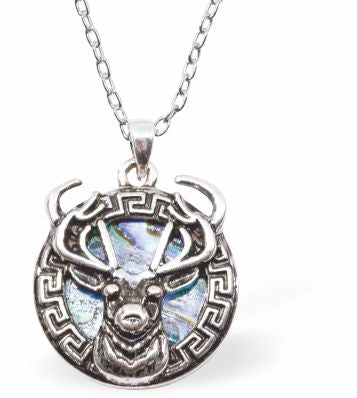 Natural Paua Shell Round Necklace with Stag: Green-blue Paua shell round pendant, 24mm in size, on an 18" rhodium-plated, hypoallergenic chain. Free from nickel, lead, and cadmium. Delivered in a soft black velveteen pouch.