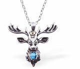 Natural Paua Shell Stag with Horns Necklace Hypoallergenic: Rhodium Plated, Nickel, Lead and Cadmium Free Greeny Blue in colour 24mm in size, 18" Rhodium Plated Chain Delivered in a soft, black, velveteen pouch