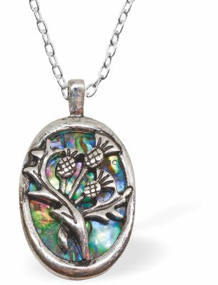 Natural Paua Shell Oval Necklace with Thistle: Green-blue Paua shell pendant, 24mm in size, on an 18" rhodium-plated, hypoallergenic chain. Free from nickel, lead, and cadmium. Delivered in a soft black velveteen pouch.
