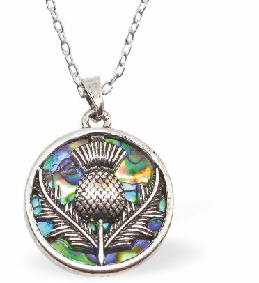 Natural Paua Shell Round Necklace with Thistle: Green-blue Paua shell pendant, 24mm in size, on an 18" rhodium-plated, hypoallergenic chain. Free from nickel, lead, and cadmium. Delivered in a soft black velveteen pouch.