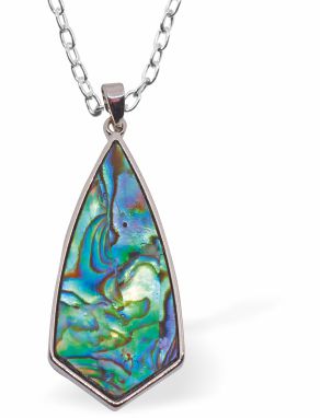 Natural Paua Shell Elongated Drop Necklace: Stunning green-blue Paua shell pendant, 35mm in size, on an 18" rhodium-plated, hypoallergenic chain. Free from nickel, lead, and cadmium. Delivered in a soft black velveteen pouch.