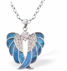 Paua Shell Wings with Crystal Necklace
25mm, Rhodium Plated

18" Chain
Hypoallergenic: Nickel, Lead and Cadmium free
Delivered in a soft, black, velveteen pouch