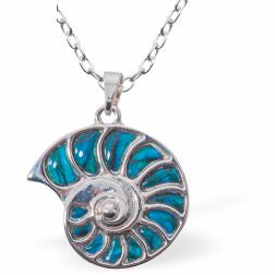 Paua Shell Ammonite Necklace
20mm, Rhodium Plated

18" Chain
Hypoallergenic: Nickel, Lead and Cadmium free
Delivered in a soft, black, velveteen pouch