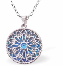 Paua Shell Gothic Rose Necklace
20mm, Rhodium Plated

18" Chain
Hypoallergenic: Nickel, Lead and Cadmium free
Delivered in a soft, black, velveteen pouch