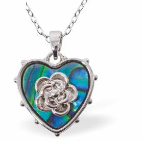 Paua Shell Heart with Rose Necklace
18mm, Rhodium Plated

18" Chain
Hypoallergenic: Nickel, Lead and Cadmium free
Delivered in a soft, black, velveteen pouch