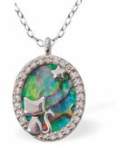 Natural Paua Shell Oval with Kitty Necklace, Rhodium Plated