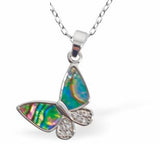 Paua Shell Butterfly Necklace
15mm, Rhodium Plated

18" Chain
Hypoallergenic: Nickel, Lead and Cadmium free
Delivered in a soft, black, velveteen pouch