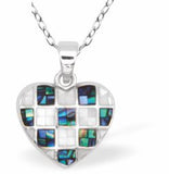 Natural Paua Shell Chequered Heart Necklace, Rhodium Plated