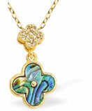 Paua Shell Double Clover with Crystal Embellishment Necklace, Rhodium Plated, Golden Framed/Chain
