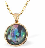 Paua Shell Round Necklace
14mm, Rhodium Plated

18" Chain, Golden Chain and Frame
Hypoallergenic: Nickel, Lead and Cadmium free
Delivered in a soft, black, velveteen pouch