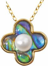 Paua Shell Clover with Pearl Embellishment Necklace, Golden Framed/Chain