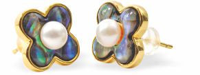 Paua Shell Daisy with Pearl Studs, Rhodium Plated, Golden Framed/Chain