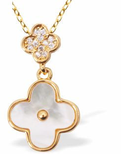 &nbsp;Iridescent Double Clover Necklace, Golden Framed
Hypoallergenic: Rhodium Plated, Nickel, Lead and Cadmium Free

25mm in size, 18" Rhodium Plated Chain

Delivered in a soft, black, velveteen pouch