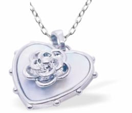 Iridescent Heart with Rose Necklace, Silver Coloured
Hypoallergenic: Rhodium Plated, Nickel, Lead and Cadmium Free

25mm in size, 18" Rhodium Plated Chain

Delivered in a soft, black, velveteen pouch