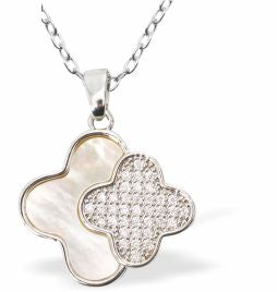 Iridescent Necklace with Pave Double Clover Drop, Silver Coloured
Hypoallergenic: Rhodium Plated, Nickel, Lead and Cadmium Free

16mm in size, 18" Rhodium Plated Chain

Delivered in a soft, black, velveteen pouch