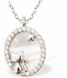 Iridescent  Oval Necklace with Cute Kitty Cat, Silver Coloured