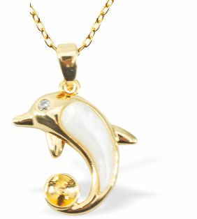 &nbsp;Iridescent Dolphin Necklace, Golden Framed
Hypoallergenic: Rhodium Plated, Nickel, Lead and Cadmium Free

15mm in size, 18" Rhodium Plated Chain

Delivered in a soft, black, velveteen pouch