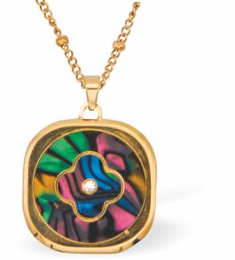 Special PVD Golden Square Necklace with Central Clover
Golden coloured chain with Paua Shell inset
Hypoallergenic; Free from cadmium, lead and nickel
20mm in size
Colour: Silver coloured and Crystal
Delivered in a soft, black, velveteen pouch