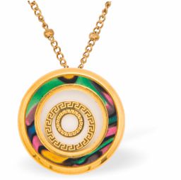 Special PVD Golden Framed Circles within Circles Necklace
Golden coloured chain with Paua Shell inset
Hypoallergenic; Free from cadmium, lead and nickel
20mm in size
Colour: Silver coloured and Crystal
Delivered in a soft, black, velveteen pouch