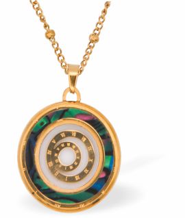 Special PVD Golden Circles within Circles Necklace
Golden coloured chain with Paua Shell inset
Hypoallergenic; Free from cadmium, lead and nickel
20mm in size
Colour: Silver coloured and Crystal
Delivered in a soft, black, velveteen pouch