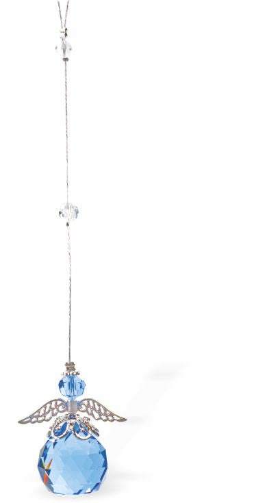 Austrian Crystal Suncatcher, Multi-faceted Crystal Angel with Aquamarine Blue Sphere Crystal Drop and Rhodium Plated Angel Wings Drop: 30cm from hanging loop to bottom (Approximate) Hang in the window or near a light source for full effect Loved by everyone, Suncatchers are a great gift for any occasion Brightens every space with reflected sunlight to instill calm and peace into a room