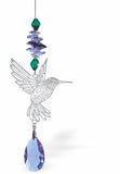 Austrian Crystal Suncatcher, Multi-faceted Crystals with Sapphire Blue Teardrop Crystal Drop and Rhodium Plated Hummingbird Link