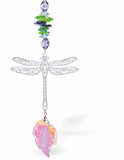 Austrian Crystal Suncatcher, Multi-faceted Crystals with Leaf Crystal Drop and Rhodium Plated dragonfly Link