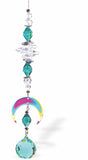 Austrian Crystal Suncatcher, Multi-faceted Crystals with Emerald Green Sphere Crystal Drop and Rhodium Plated Crescent Moon Link