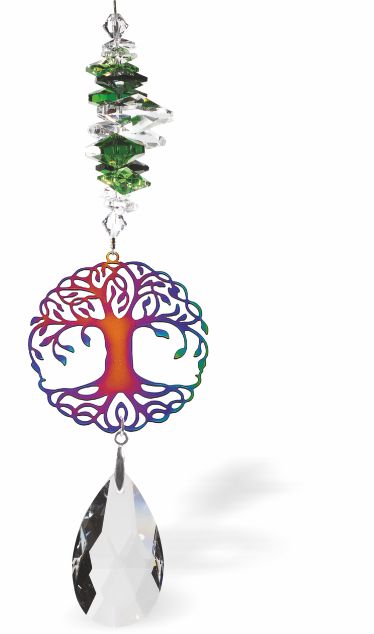 Austrian Crystal Suncatcher, Multi-faceted Crystals with Teardrop Crystal Drop and Multi Coloured Rhodium Plated Tree of Life Link Drop: 30cm from hanging loop to bottom (Approximate) Hang in the window or near a light source for full effect Loved by everyone, Suncatchers are a great gift for any occasion Brightens every space with reflected sunlight to instill calm and peace into a room