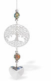 Austrian Crystal Suncatcher, Multi-faceted Crystals with Heart Crystal Drop and Rhodium Plated Large, Circular Tree of Life Link