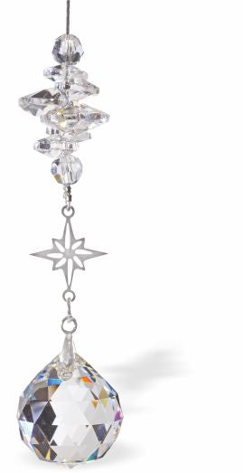 Austrian Crystal Suncatcher, Multi-faceted Crystals With 20mm Sphere Crystal Drop and Rhodium Plated North Star Link Drop: 30cm from hanging loop to bottom (Approximate) Hang in the window or near a light source for full effect Loved by everyone, Suncatchers are a great gift for any occasion Brightens every space with reflected sunlight to instill calm and peace into a room