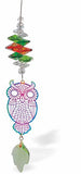 Austrian Crystal Suncatcher, Multi-faceted Multi-Coloured Crystals with Green Leaf Crystal Drop and Rhodium Plated Owl Link