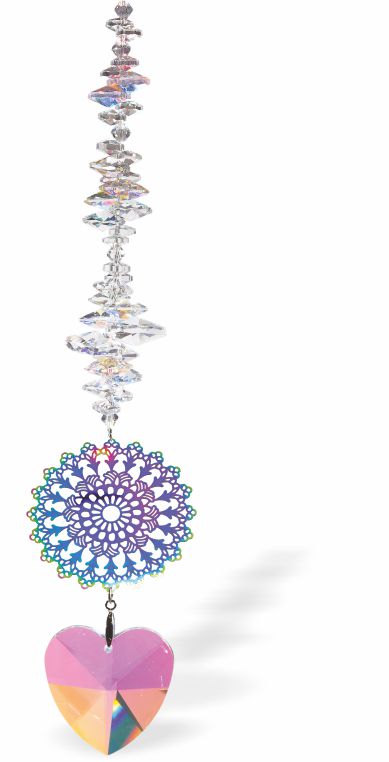 Sparkling Multi Faceted Crystal Suncatcher  Featuring a Large Clear Crystal Heart Crystal Drop Rhodium Plated Ornate Sunburst Link Drop: 36cm from hanging loop to bottom (Approximate) Hang in the window or near a light source for full effect Delivered in a soft, black, velveteen pouch  