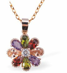 Rose Golden Multi-Coloured Daisy Necklace
15mm in size with 18" Chain
Hypoallergenic: Nickel, Lead and Cadmium Free
Delivered in a soft, black, velveteen pouch