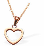 Rose Golden Hollow Heart Necklace 16mm in size with 18" Chain Hypoallergenic: Nickel, Lead and Cadmium Free Delivered in a soft, black, velveteen pouch