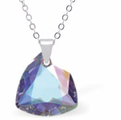 Embellished with Crystals by Swarovski® Multi Faceted Trilliant Cut Necklace Aurora Borealis in Colour 14.5mm in size Choice of 18" Stainless Steel or Sterling Silver Chain Hypo allergenic: Free from Lead, Nickel and Cadmium See matching earrings TR13 Delivered in a soft, grey, velveteen pouch