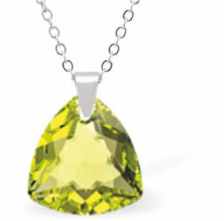 Embellished with Crystals by Swarovski® Multi Faceted Trilliant Cut Necklace Citrus Green in Colour 14.5mm in size Choice of 18" Stainless Steel or Sterling Silver Chain Hypo allergenic: Free from Lead, Nickel and Cadmium See matching earrings TR15 Delivered in a soft, grey, velveteen pouch