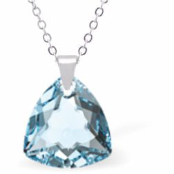 Embellished with Crystals by Swarovski® Multi Faceted Trilliant Cut Necklace Aquamarine Blue in Colour 16mm in size Choice of 18" Stainless Steel or Sterling Silver Chain Hypo allergenic: Free from Lead, Nickel and Cadmium See matching earrings TR17 Delivered in a soft, grey, velveteen pouch